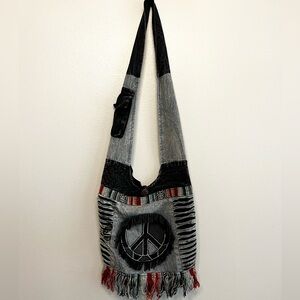 Boho Hippie Peace Fringe Shoulder Hobo Black Bag